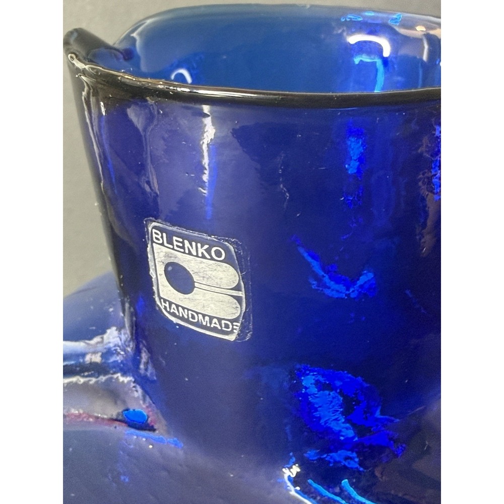 VTG Blenko Glass 384 Cobalt Blue Double Spout Water Bottle Pitcher Foil Label - Picture 10 of 13